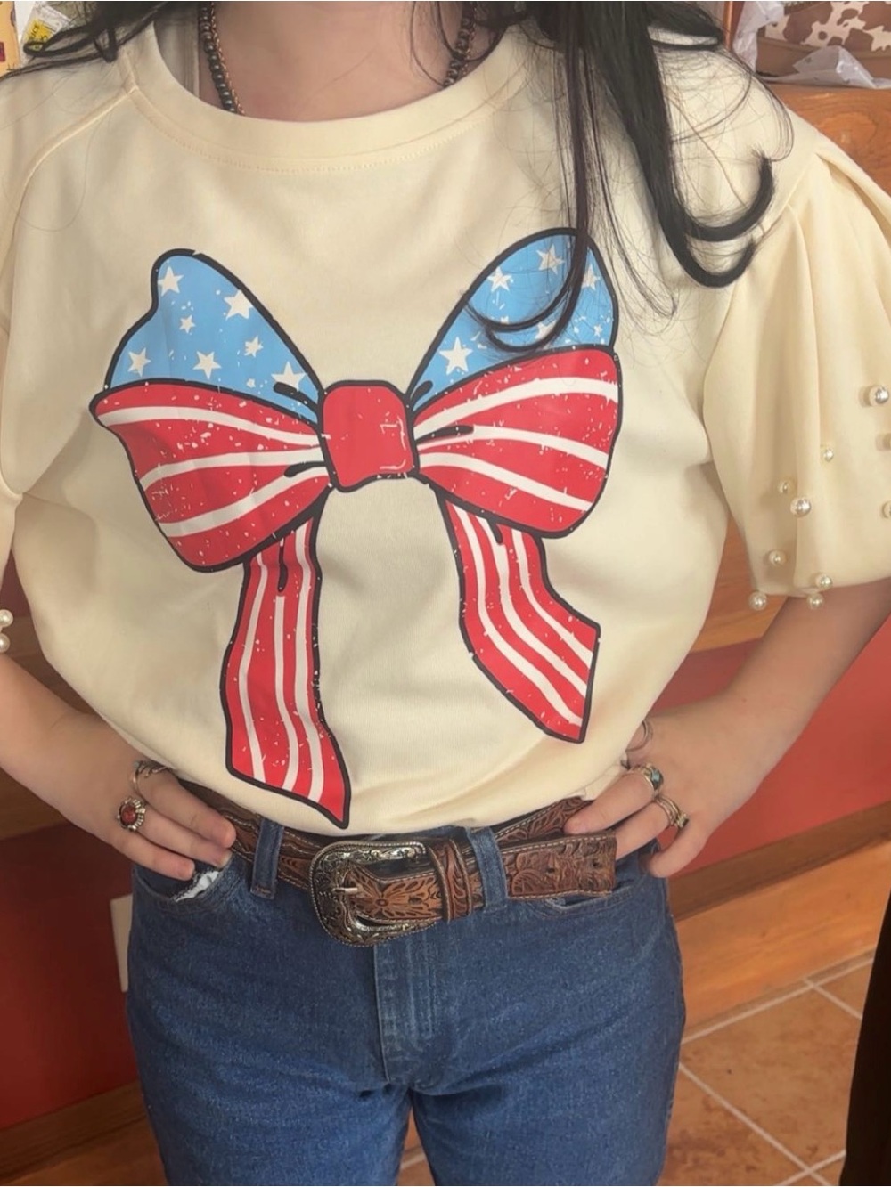 Cream Puff-Sleeve Tee with Red & Blue Bow Graphic